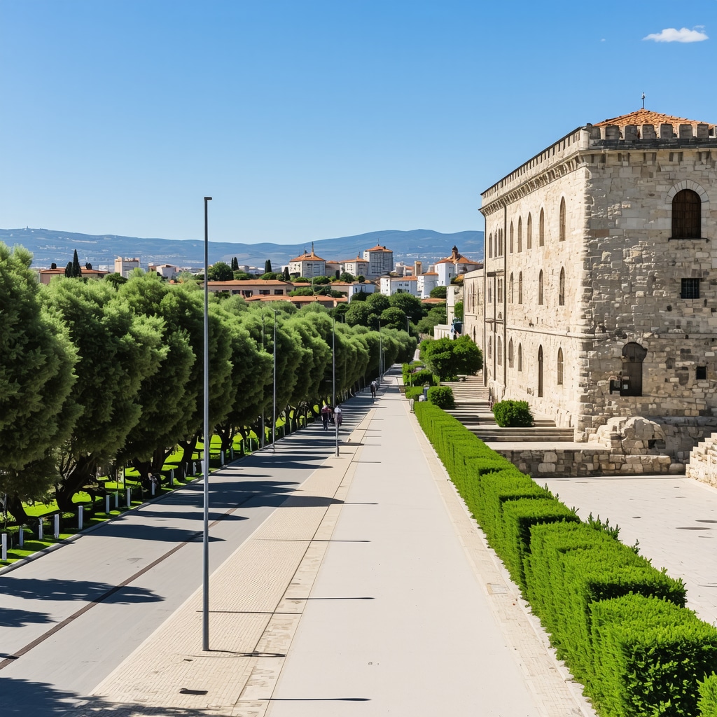 Panoramic view of Thessaloniki showing Byzantine and Ottoman landmarks alongside solar panels and bike paths