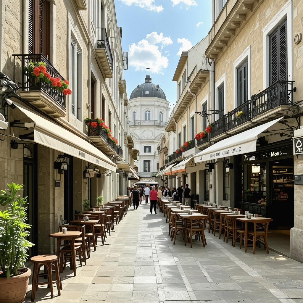 Street in Thessaloniki with Byzantine buildings and modern cafes representing cultural and culinary fusion
