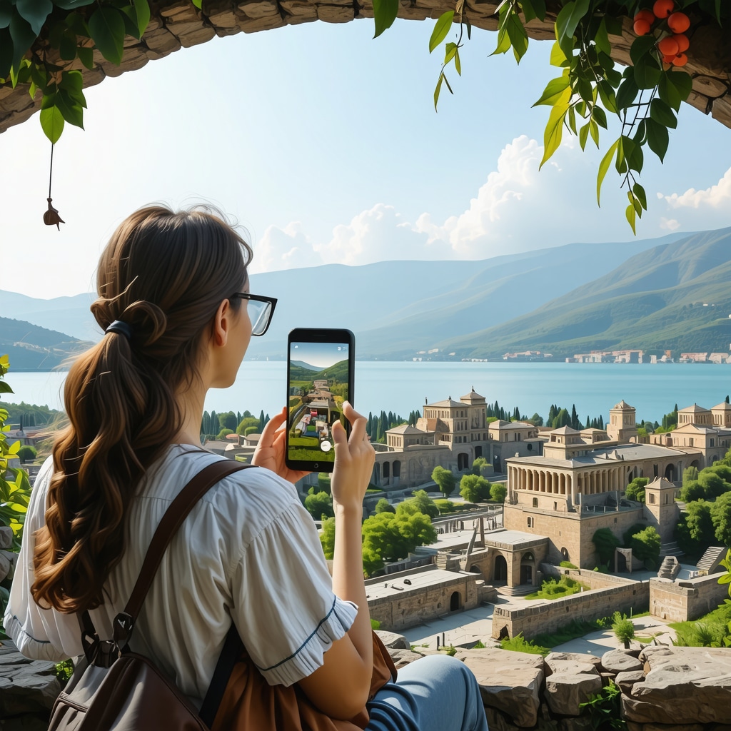 Tourist using augmented reality app to view virtual reconstructions of Ohrid's ancient monuments at the lakeside