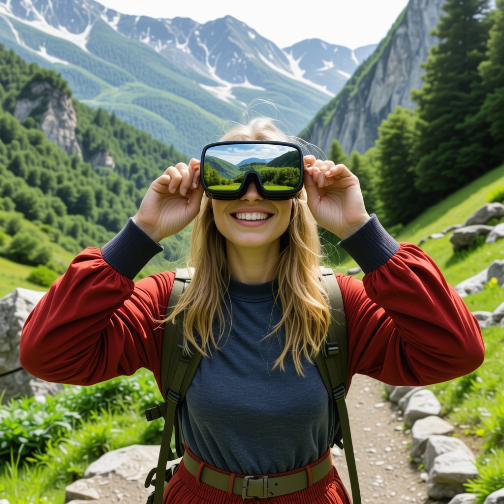 Tourist with augmented reality glasses exploring cultural landmarks and nature on a mountain trail near Berane, Montenegro.