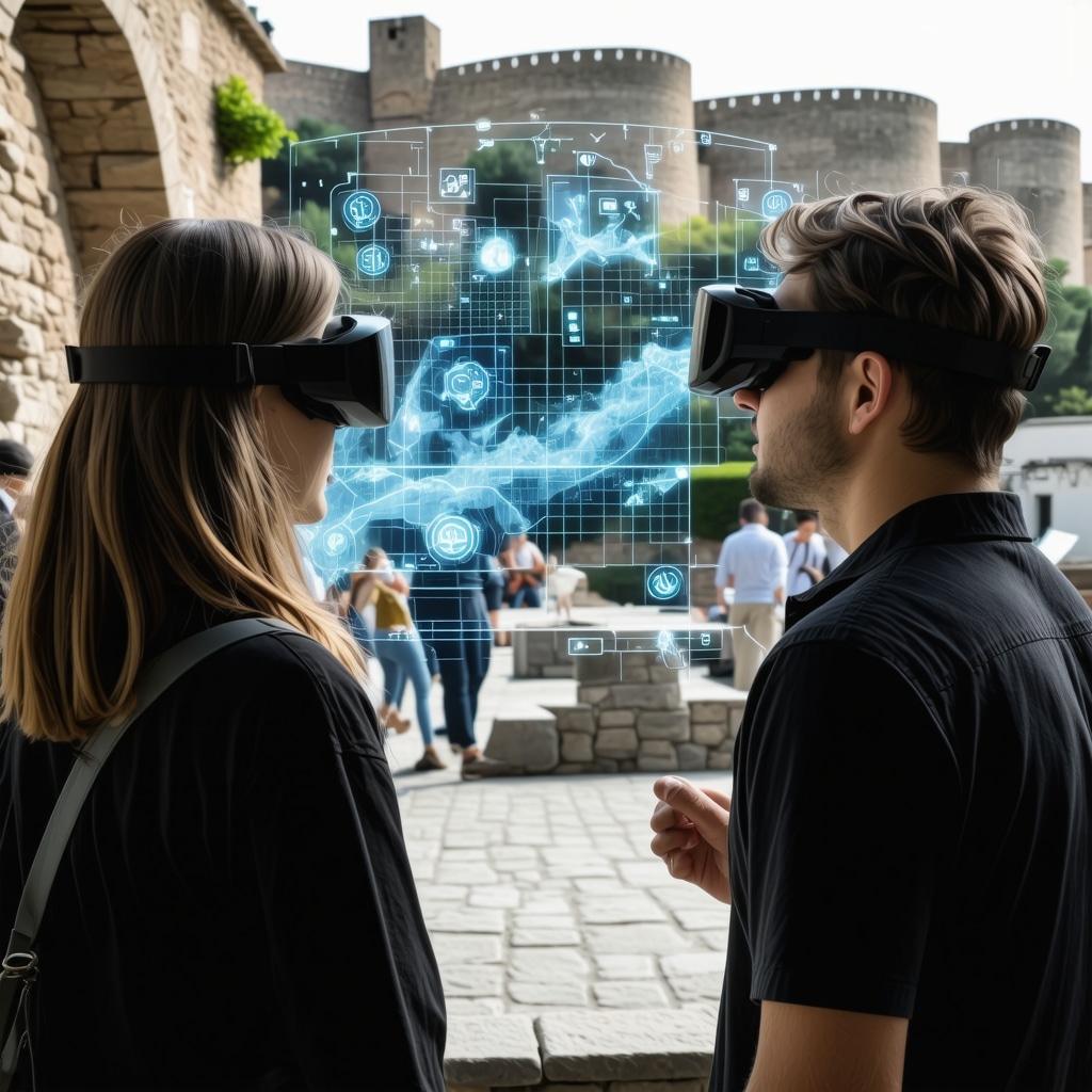 Tourists with augmented reality glasses exploring Nafplio fortress with digital historical and nature information overlays