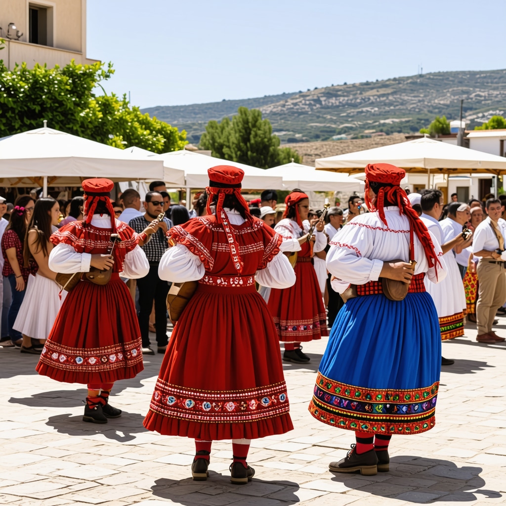 Locals celebrating at a traditional Cretan festival with folk costumes and traditional musical instruments