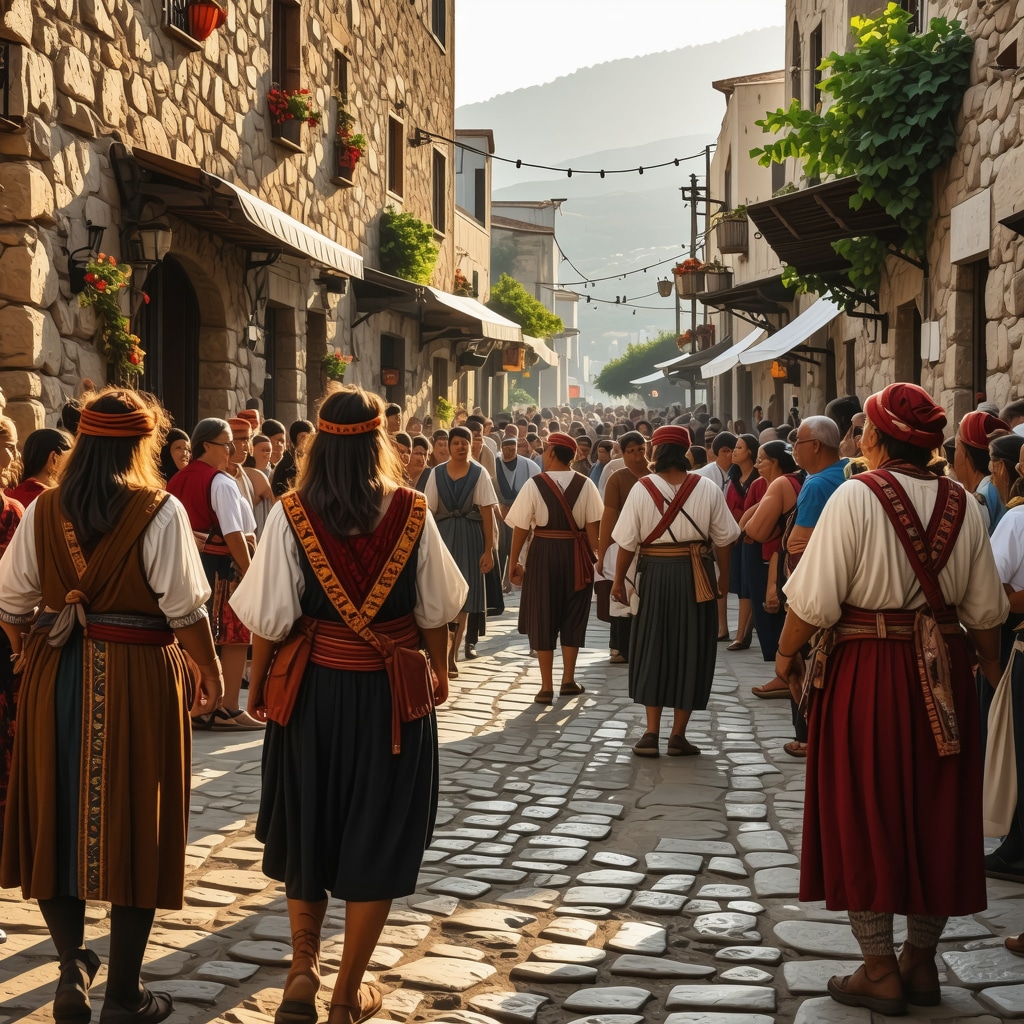 Locals warmly welcoming tourists in a traditional Cretan village during a cultural festival with stone buildings and lively atmosphere