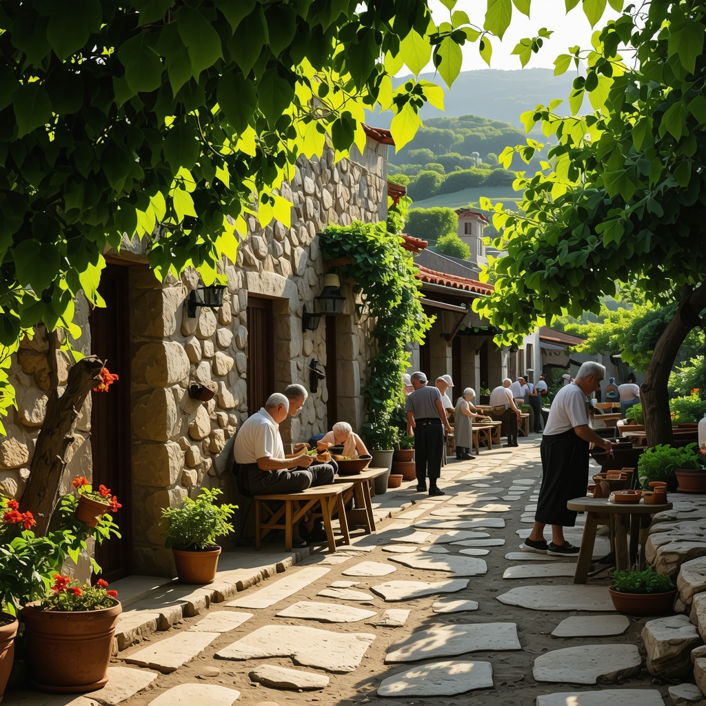 Cretan village with traditional houses and artisans under Mediterranean sun