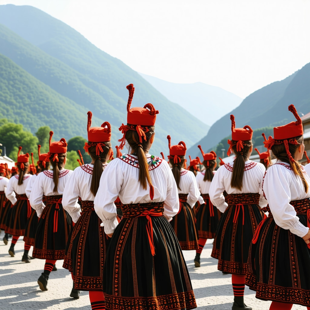Folkloric dancers performing at a traditional festival in Rožaje, Montenegro with mountains in the background