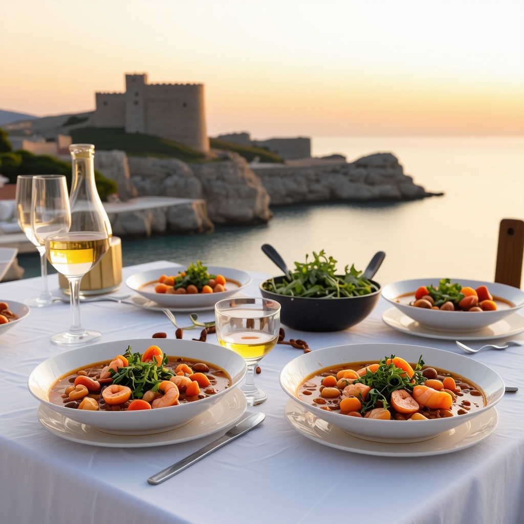 Table with gregada stew and fresh seafood at seaside tavern in Senj with Nehaj Fortress in background