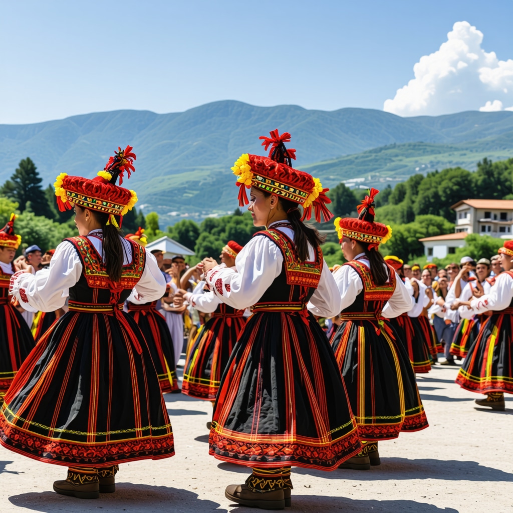 Locals dressed in vibrant traditional Macedonian costumes performing folk dances outdoors in Tutin with scenic mountain background