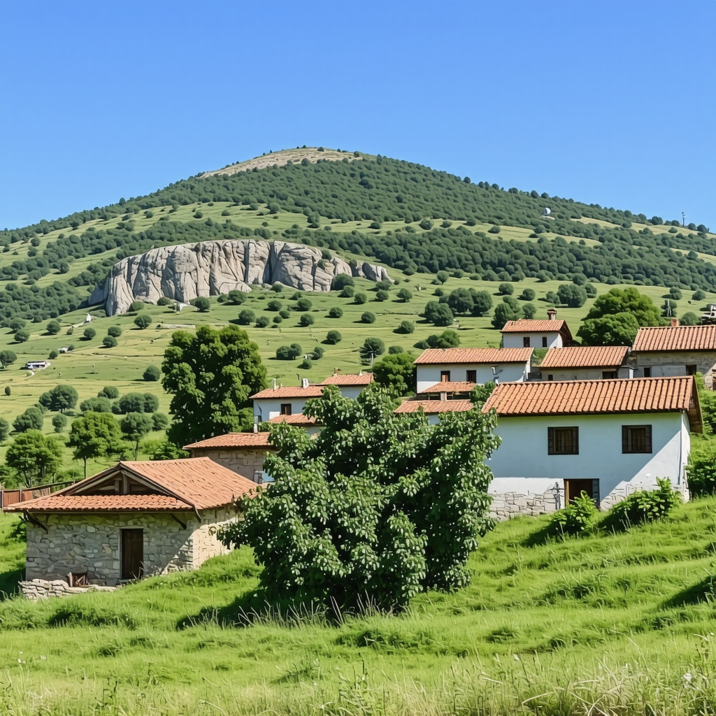 Panoramic view of Krusheva village with traditional houses and green mountains