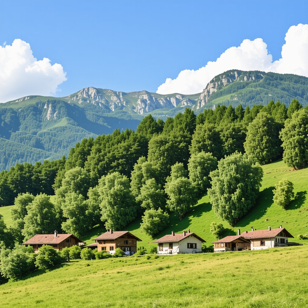 Mountain village in Krusheva with traditional houses and green landscape