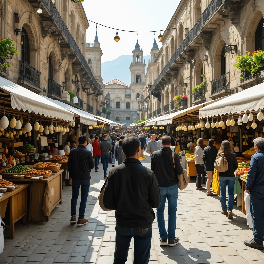 Traditional market in Izmir featuring local crafts and Mediterranean cuisine with visitors using augmented reality devices
