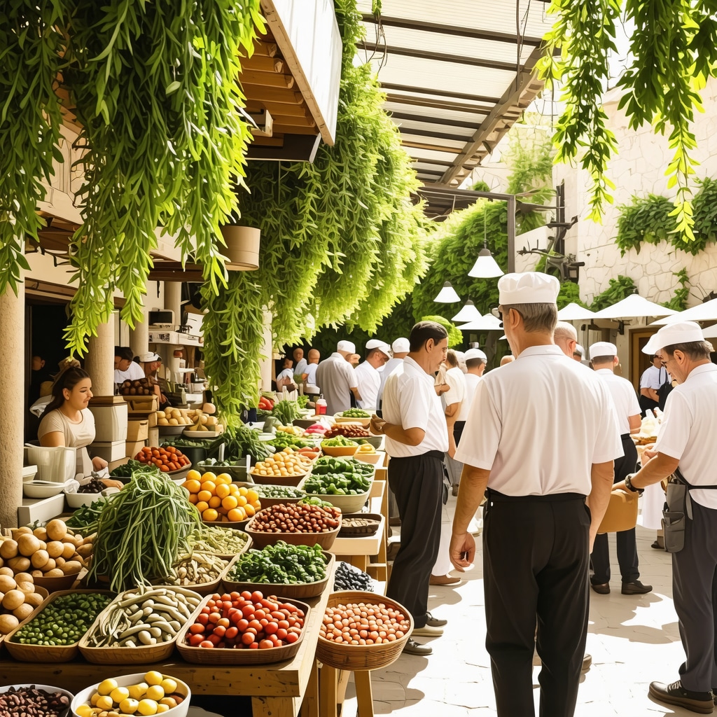 Traditional Rhodes market with chefs and tourists participating in culinary workshops