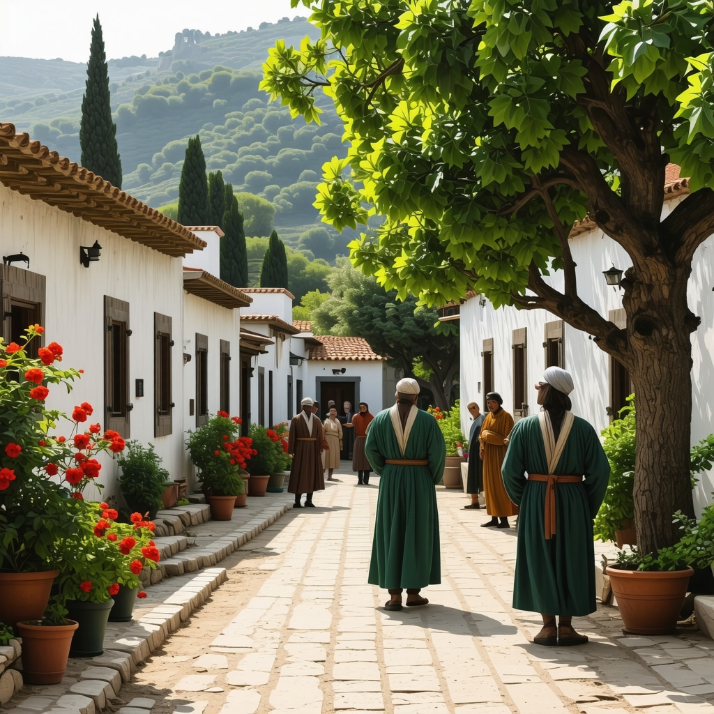 Local people in a traditional Rhodes village with Mediterranean landscape and historic buildings