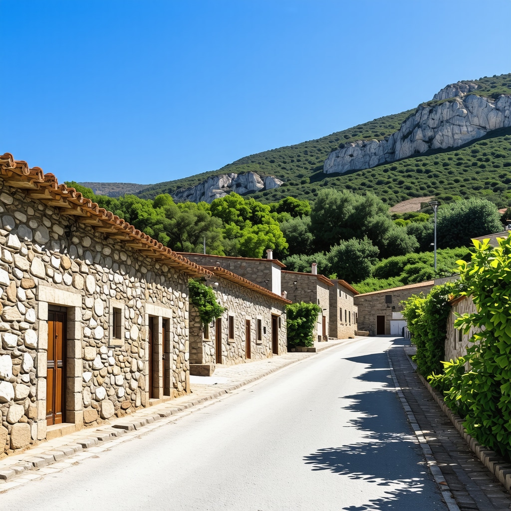 Stone houses with red tiled roofs in Kalambaka village street