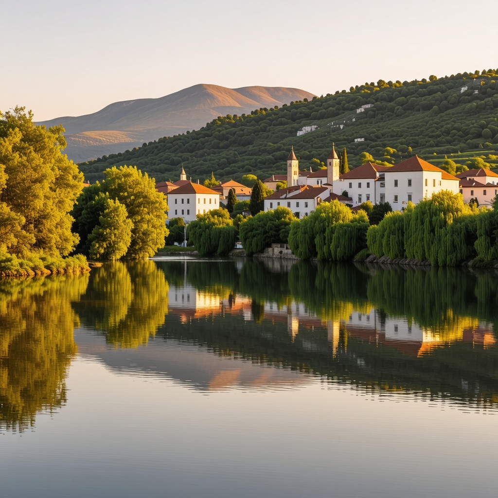 Panoramic view of Trebinje showcasing traditional buildings and lush natural surroundings at sunset