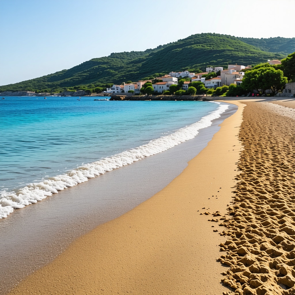 Ulcinj golden sandy beach with crystal-clear Adriatic Sea and historic old town in background