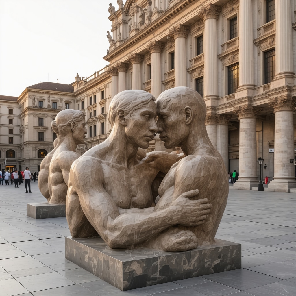 Modern sculptures integrated with historic stone buildings in Skopje city square at sunset