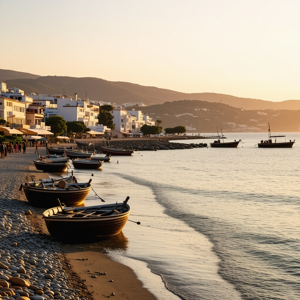 View of Varna's golden beaches with traditional boats and locals promoting sustainable tourism at sunset