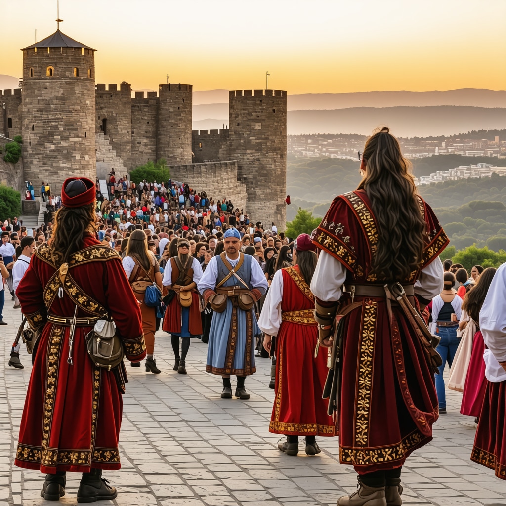 Panoramic view of Veliko Tarnovo's Tsarevets Fortress with locals in traditional dress during a festival at sunset