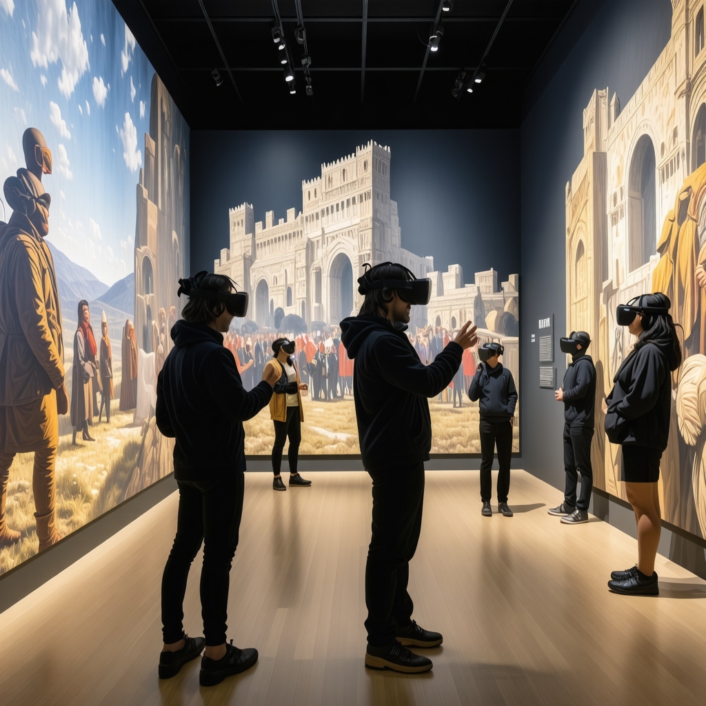 Visitors experiencing virtual reality cultural heritage exhibition in Prishtina art gallery