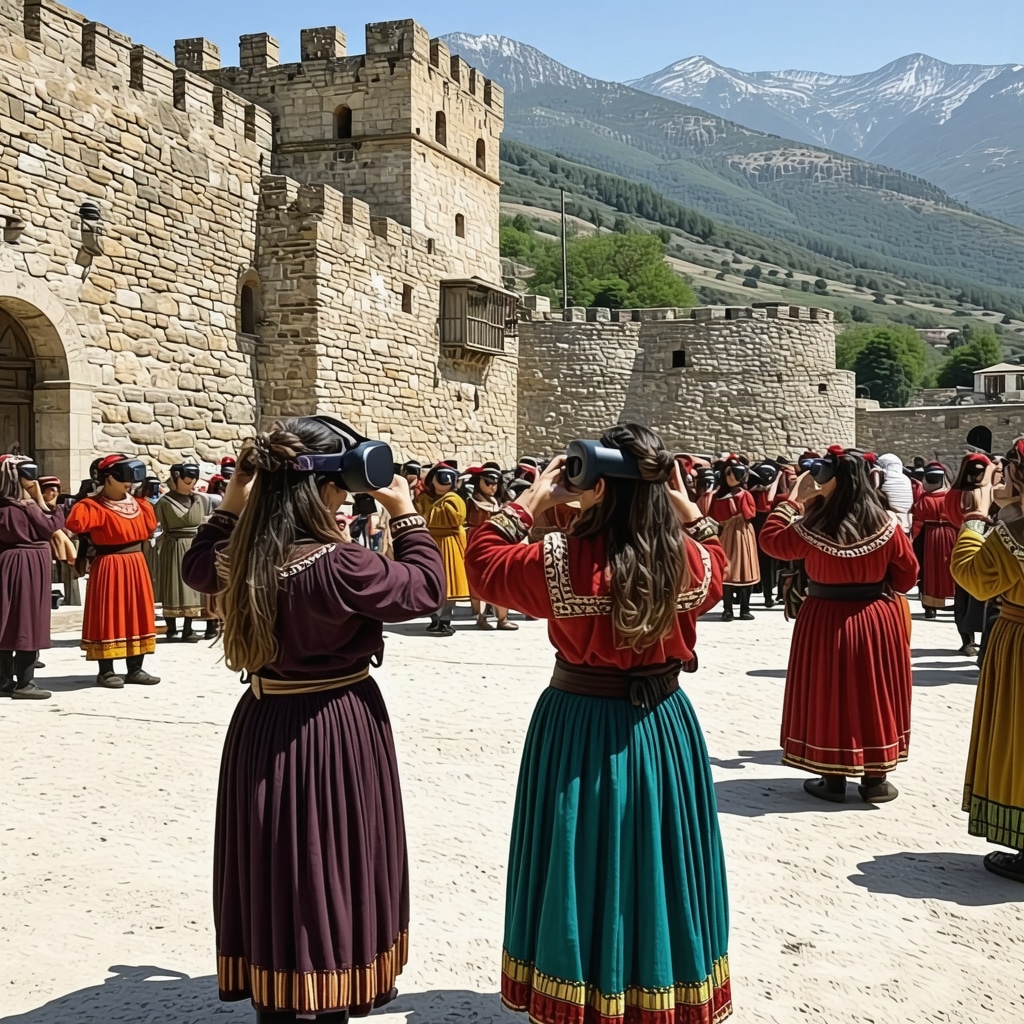 Visitors using VR headsets exploring Gjirokastra castle and traditional festivals with locals