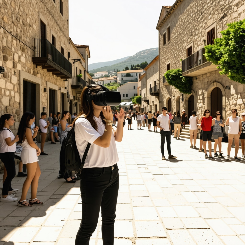 Tourists using virtual reality headsets exploring Budva Old Town with augmented reality historical overlays