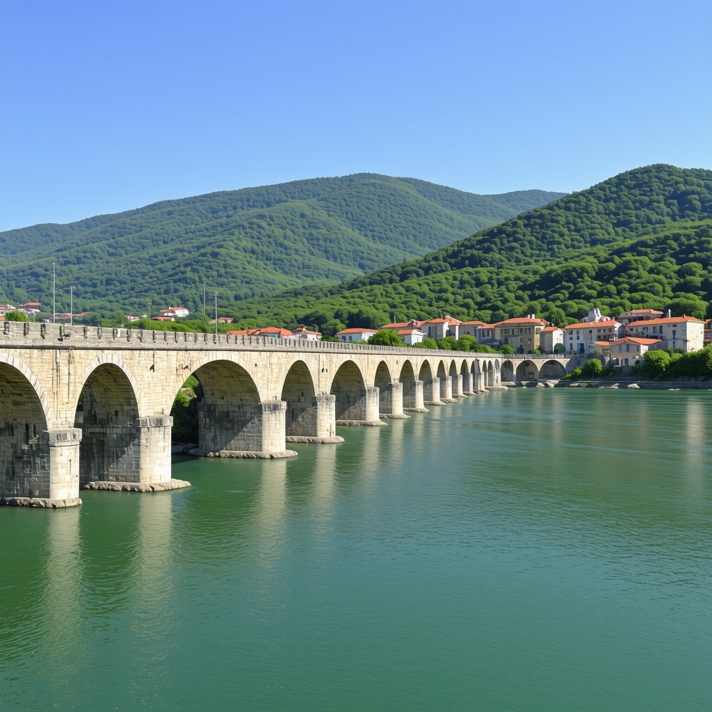 Panoramic view of Višegrad featuring the Mehmed Pasha Sokolović Bridge and surrounding mountains