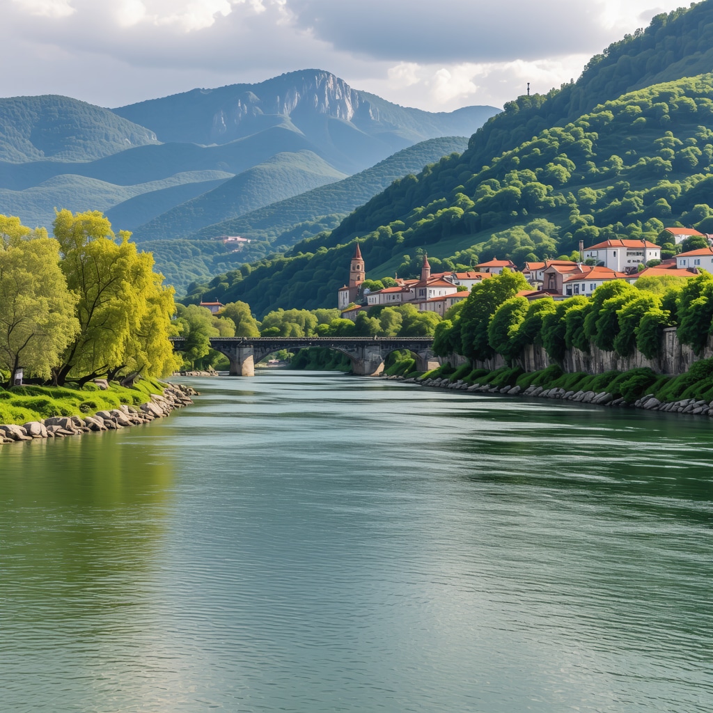 View of Višegrad featuring Mehmed Pasha Sokolović Bridge over Drina river with lush greenery and traditional buildings