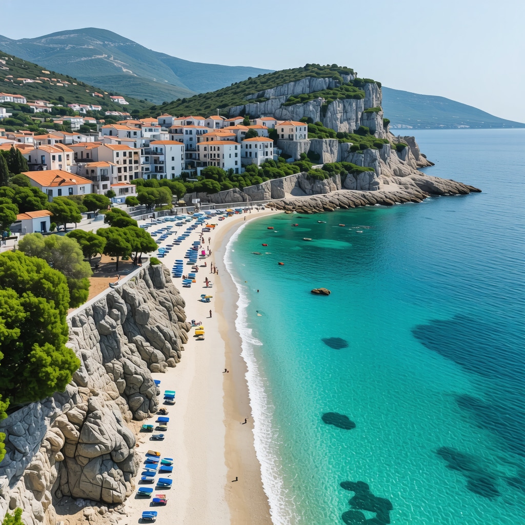 Aerial image of Vlore coastline with beaches, festivals, and tourists engaging in sustainable tourism