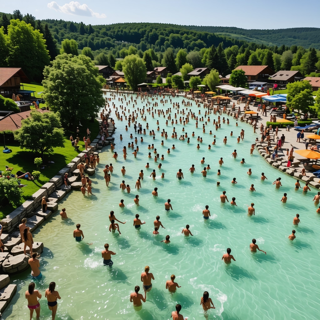 Panoramic view of Vrnjačka Banja showing thermal springs, green parks, and modern wellness centers with summer visitors