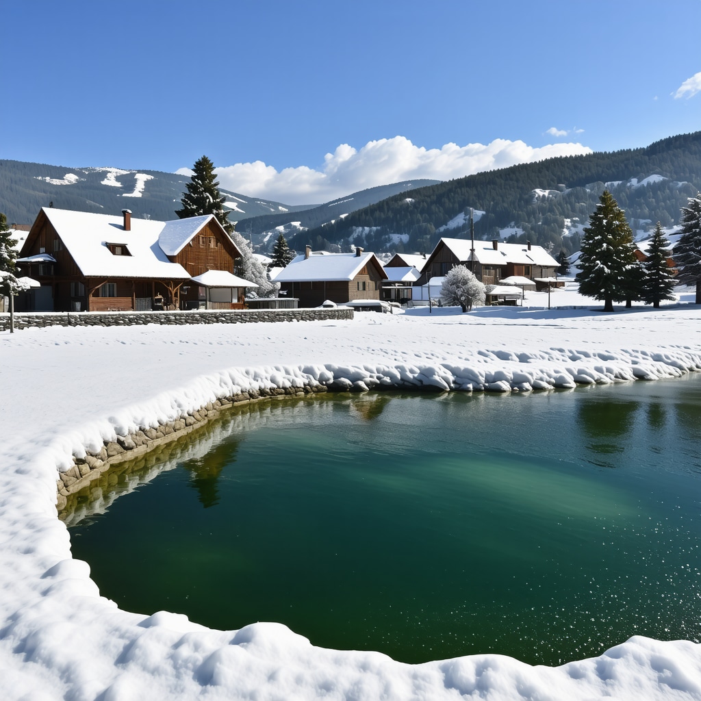 Snow-covered thermal springs and traditional mountain village in Aranđelovac during winter