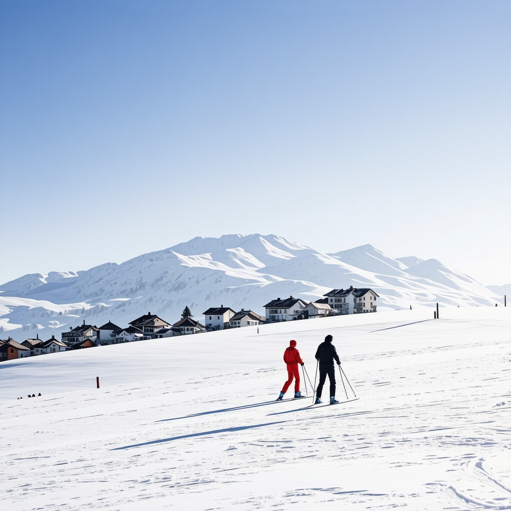 Breath-taking snowy mountain slopes with skiers and a traditional village in Brezovice