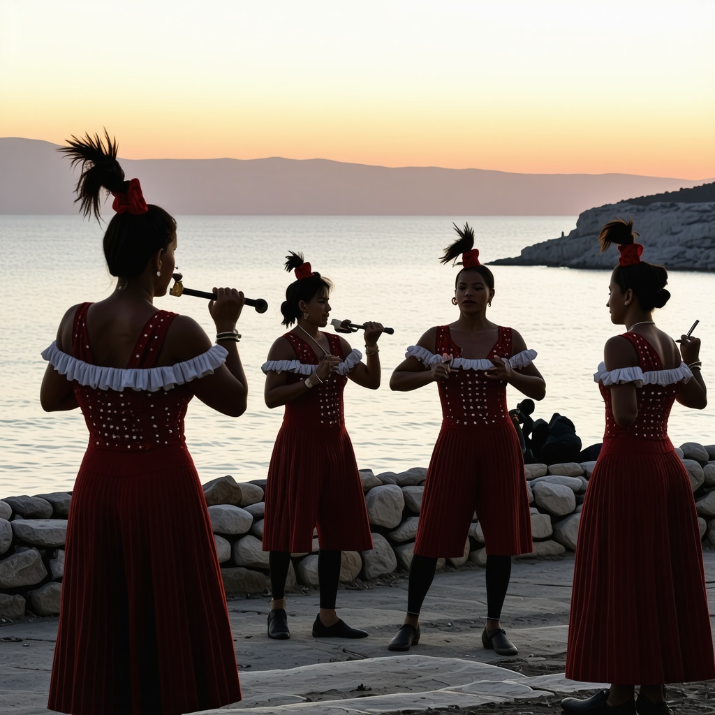 Colorful cultural festival in Zara with modern art and traditional music by the Adriatic sea at sunset