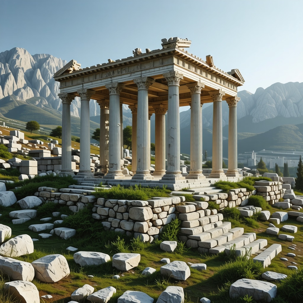 3D digital model depicting Temple of Apollo at Delphi with surrounding mountains