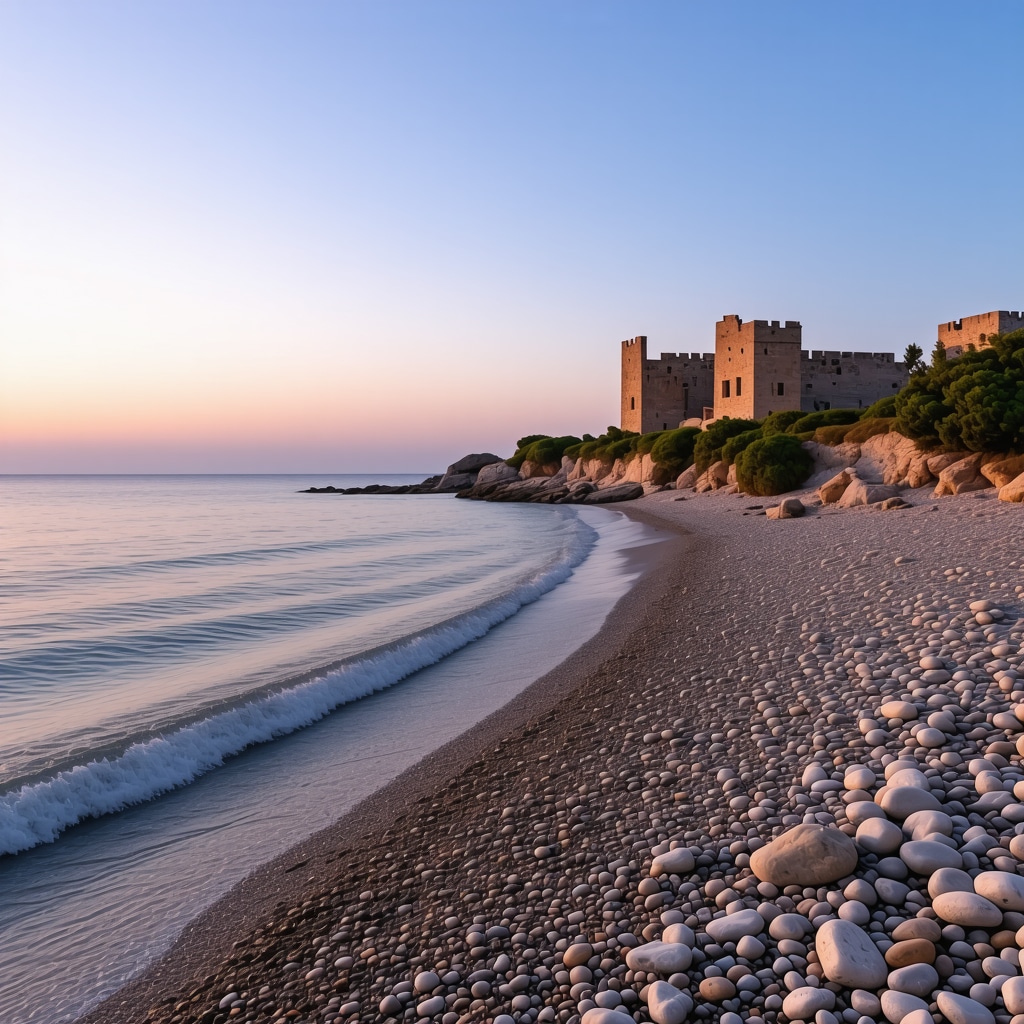 Sunset view of Adriatic beach with historic ruins in Nin, Croatia