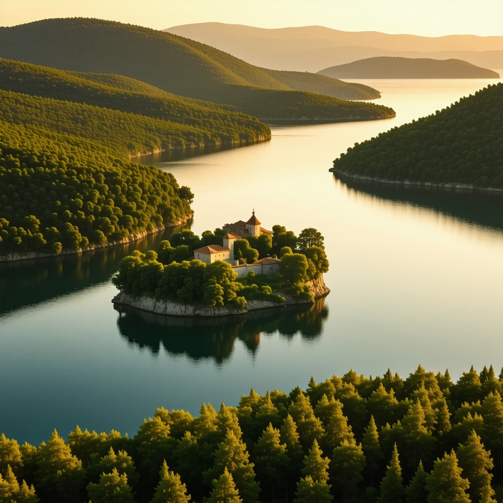 Aerial photograph capturing Mljet National Park's lush forests, saltwater lakes, and the historic monastery on St. Mary Island during sunset