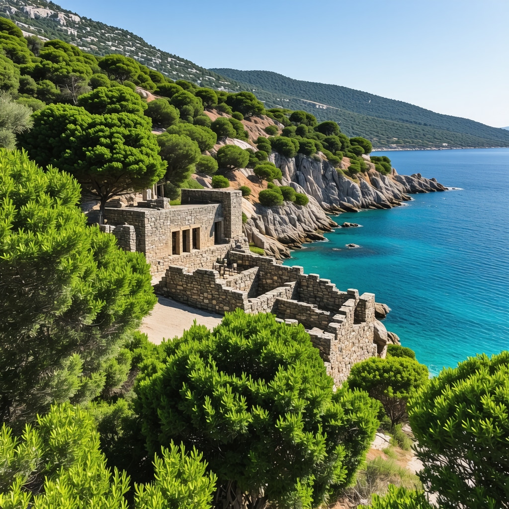 Ancient ruins of Apolloni surrounded by dense forests and the Ionian Sea coast