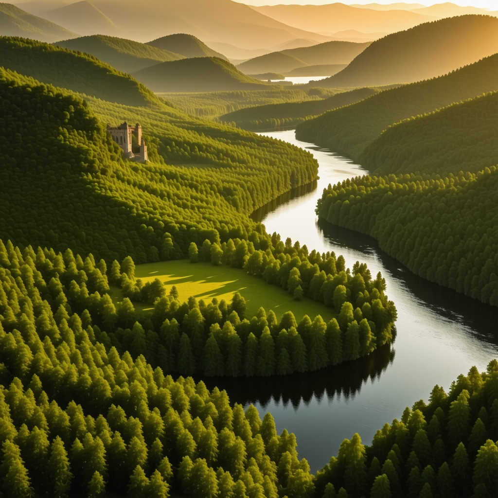 Aerial photo showing Đerdap National Park with Danube River and historic ruins surrounded by dense forest