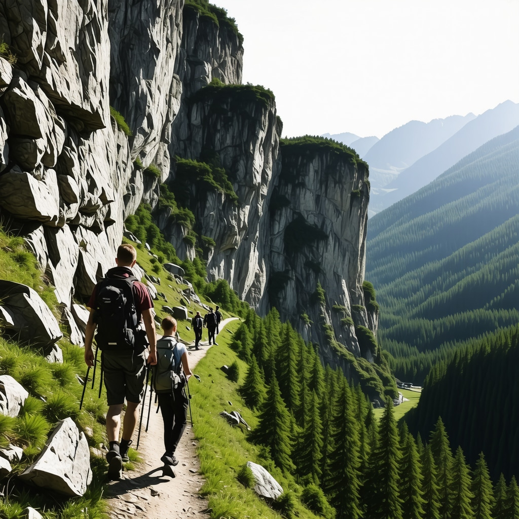 Aerial photograph of Kanioni Rugova with hikers on trails amidst rocky cliffs and forest