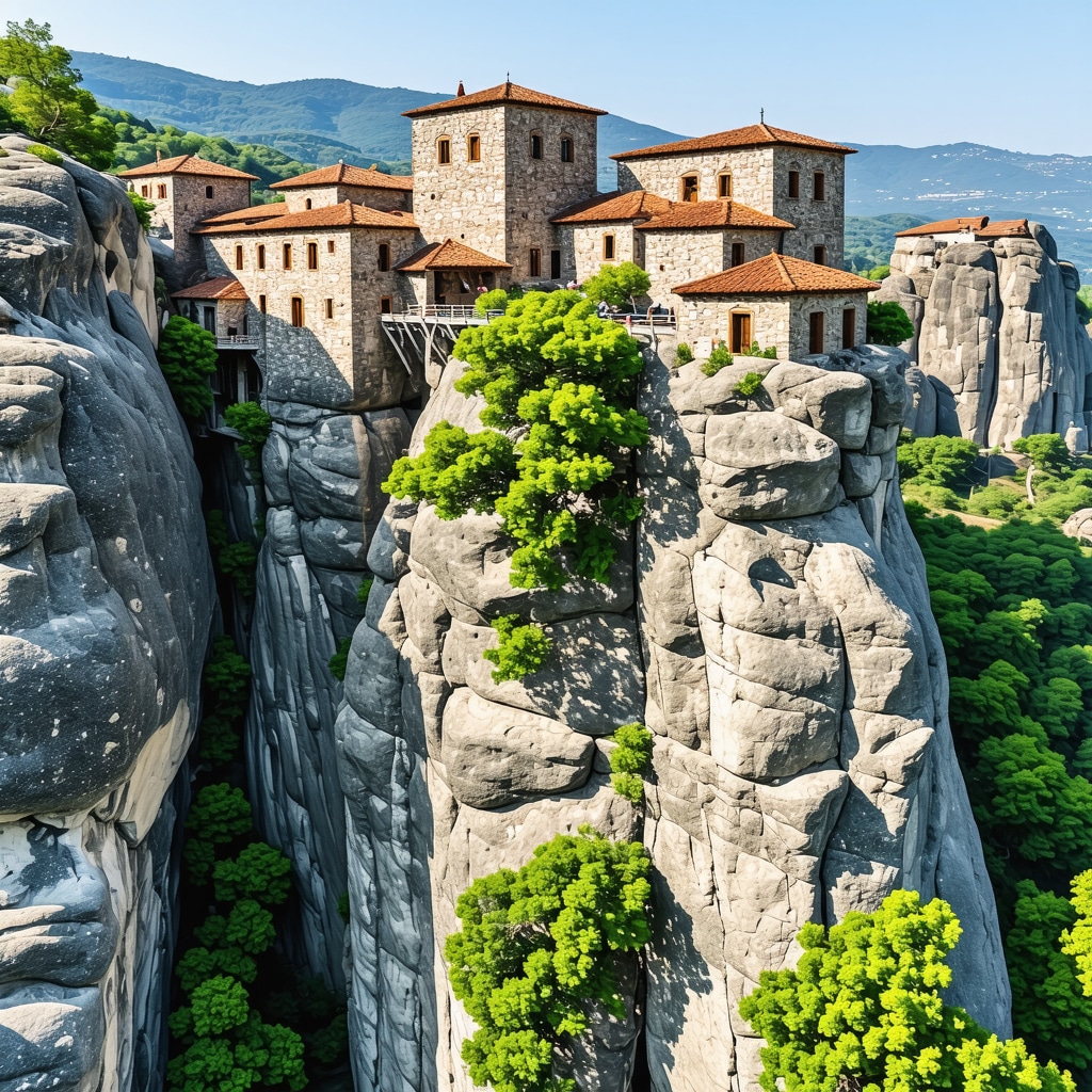 Drone aerial image showing Meteora monasteries on sandstone rock formations surrounded by green landscape