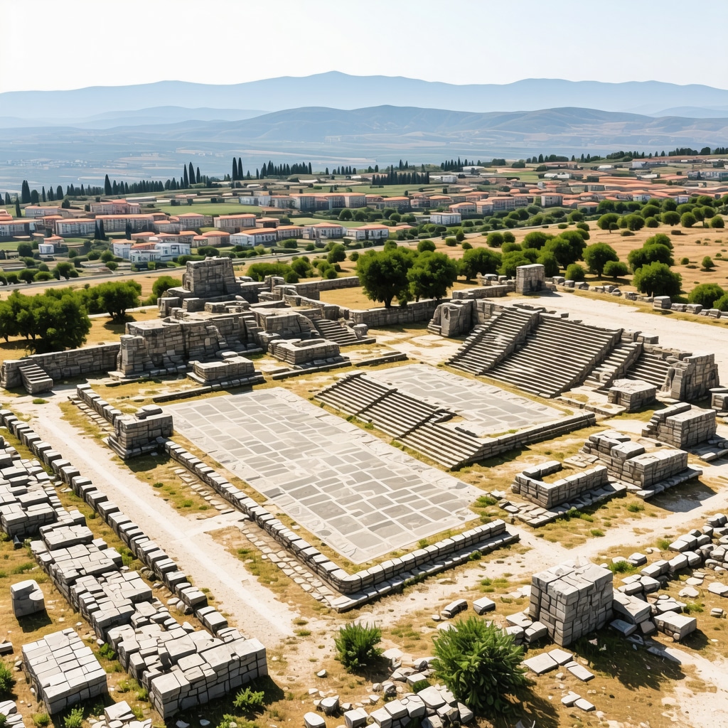 Aerial photograph of Stobi archaeological site with ancient ruins and mosaics