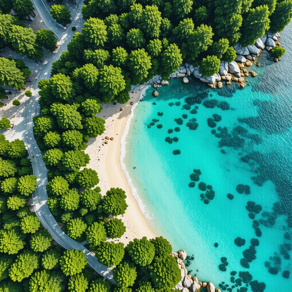 Drone aerial view of hidden pristine beaches on Croatian Adriatic coast with digital environmental monitoring elements