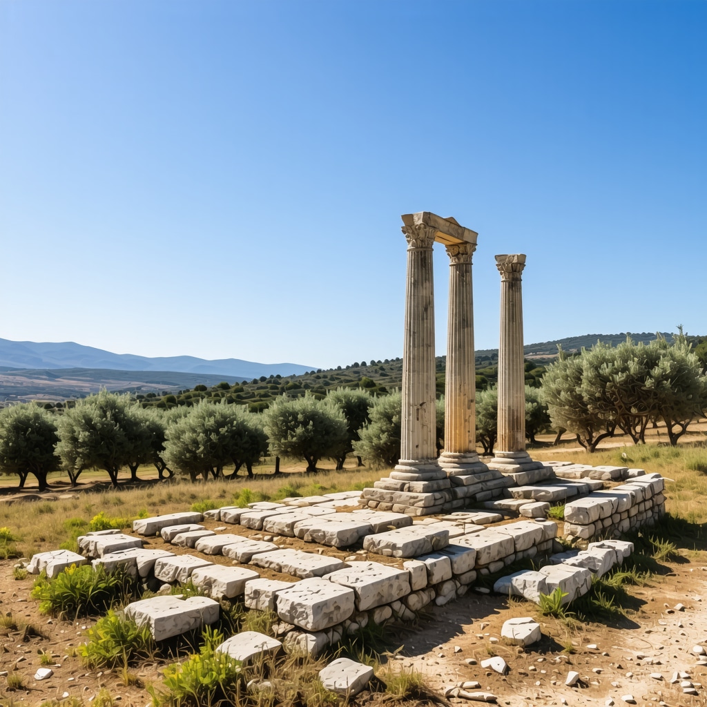 Archaeological ruins of Apolloni in Greece with surrounding olive groves and digital augmented reality elements