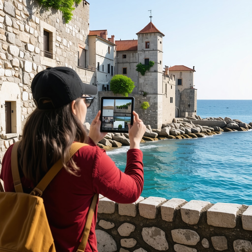 Tourist using augmented reality headset viewing 3D reconstructions of Shibenik's medieval architecture