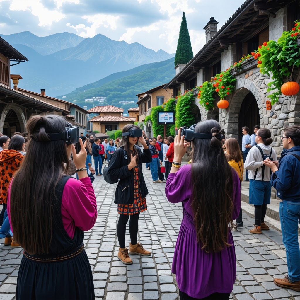 Tourists using augmented reality devices to explore traditional legends and natural landscapes in Qyteti i Djallit