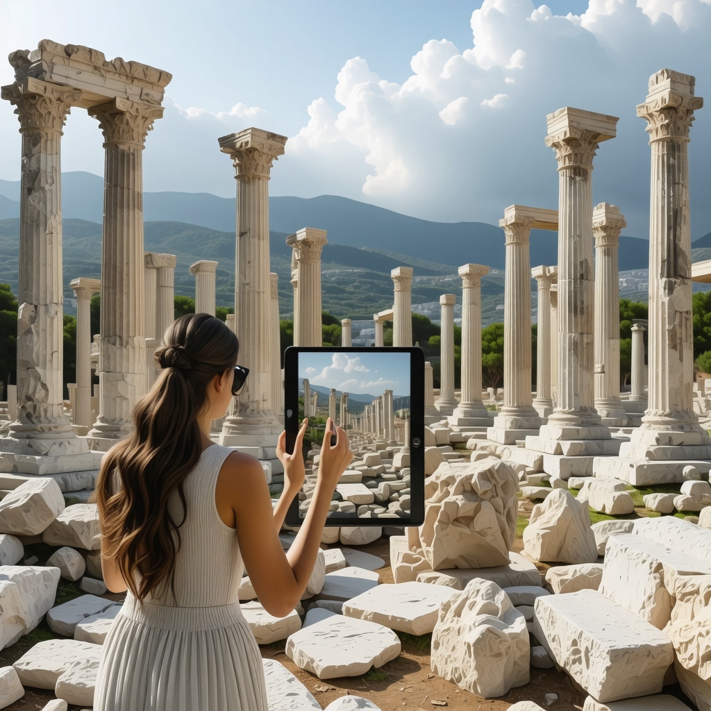 Tourists using mobile devices with augmented reality overlays showing ancient sites and nature in Volos
