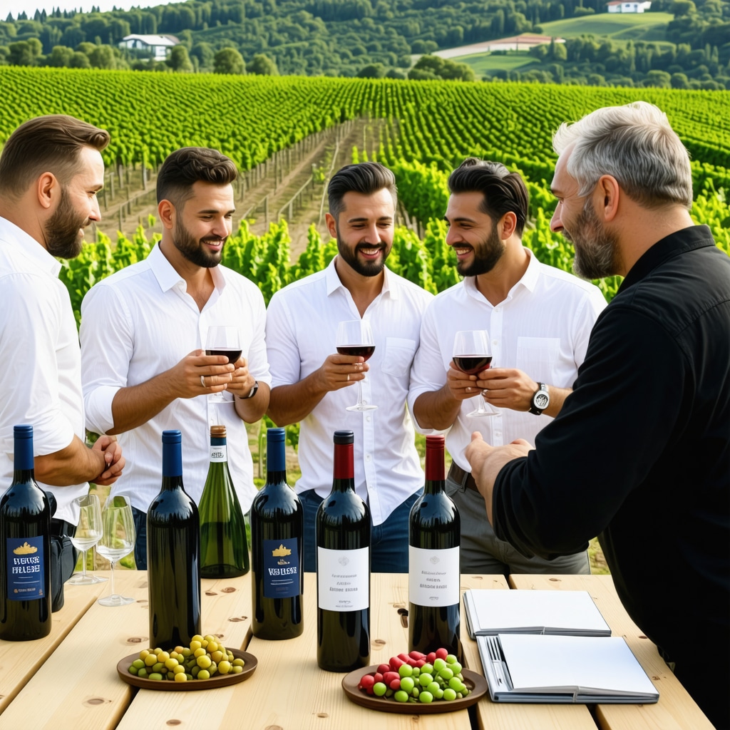 Albanian winemakers sharing stories at a European wine festival with vineyards in the background