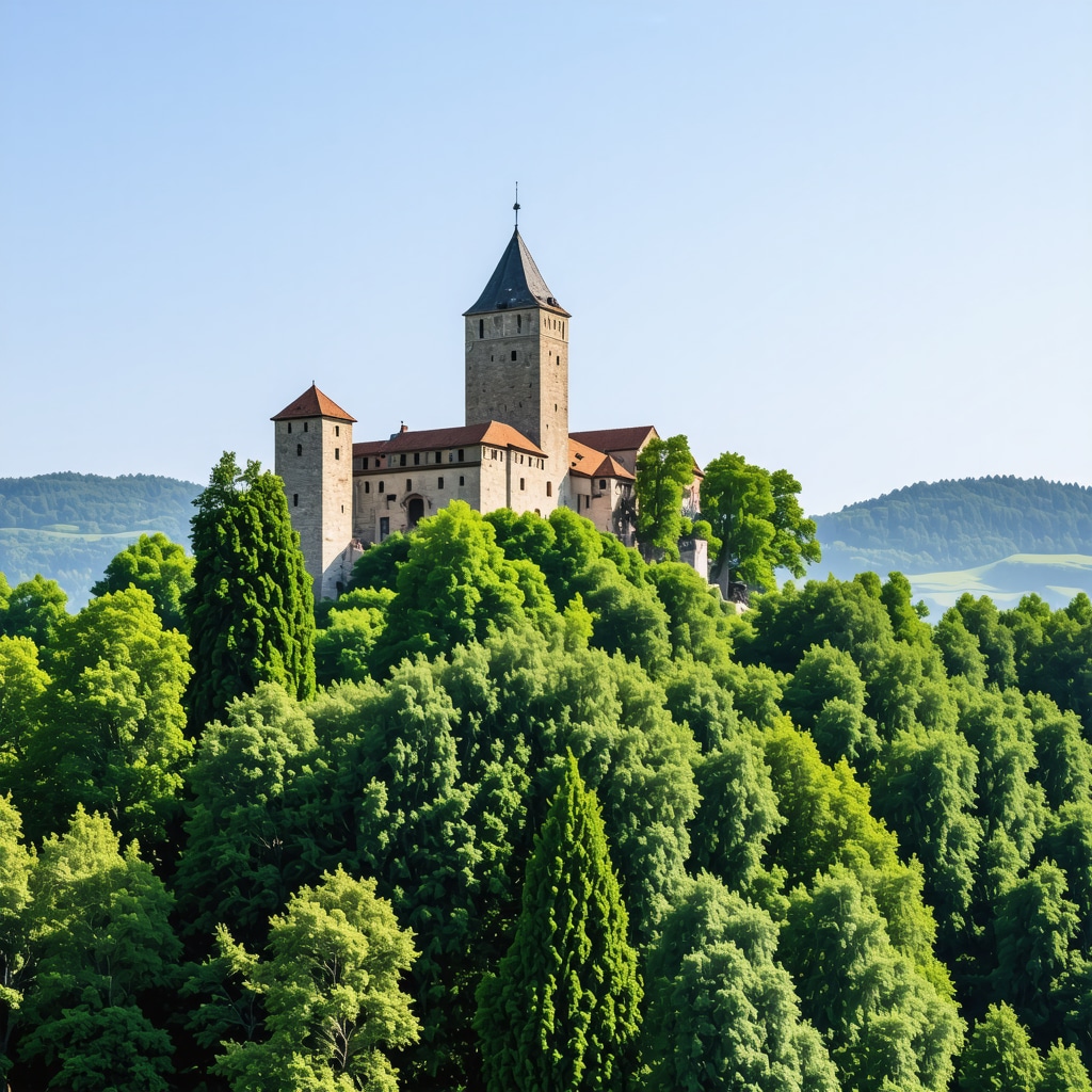 Scenic view of Balkan mountains with castles and green forests