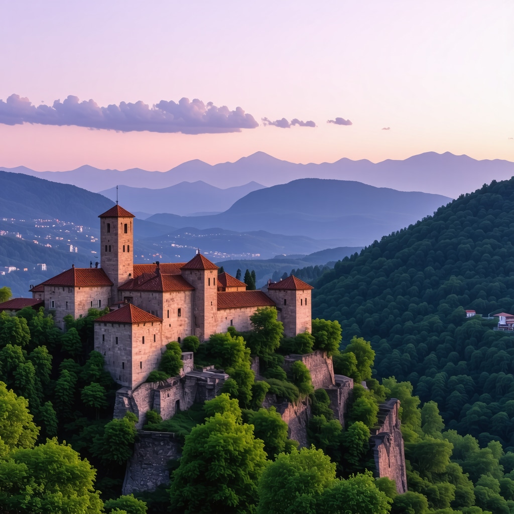 Scenic view of Balkan mountains and castles at sunset