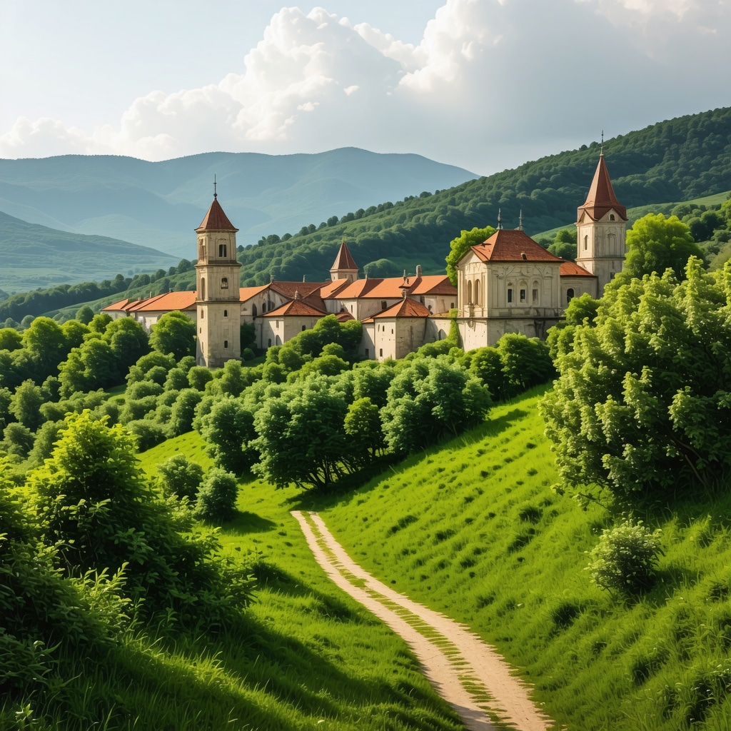 Scenic Balkan landscape featuring historic sites and lush greenery