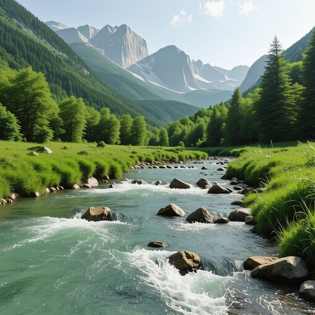Beautiful mountain landscape with river and lush greenery.